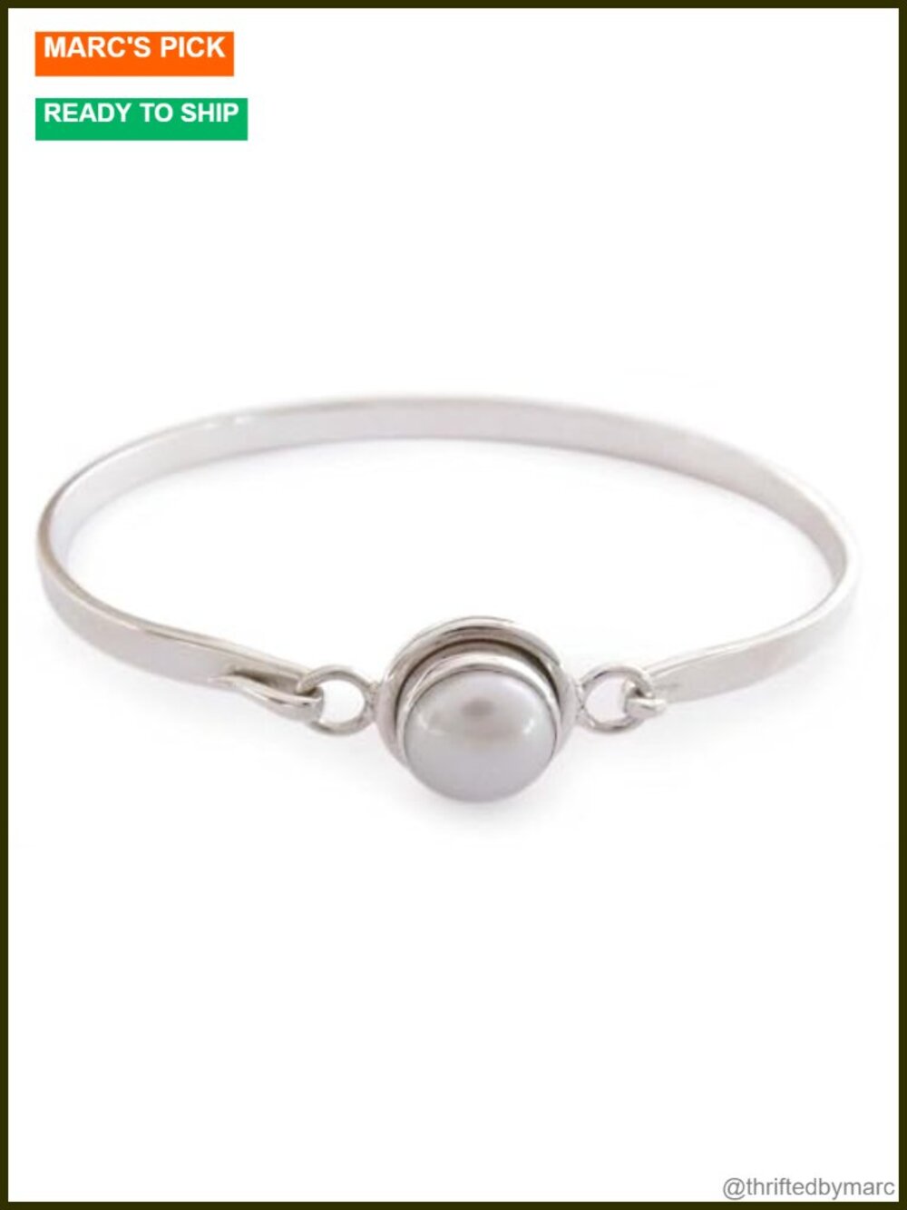 Handcrafted Sterling Silver Pearl Bangle Bracelet S-Hook Clasp 7 Inch